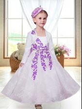 Exceptional White A-line Lace Straps Sleeveless Embroidery Ankle Length Zipper Flower Girl Dress