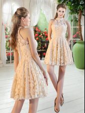  Champagne A-line High-neck Sleeveless Lace Mini Length Zipper Prom Dress
