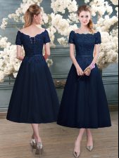 Sweet Navy Blue Short Sleeves Lace Tea Length Prom Dress