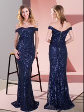 Custom Fit Off The Shoulder Sleeveless Floor Length Ruching Navy Blue Sequined