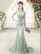 Glorious Apple Green Prom Party Dress Sequined Brush Train Sleeveless Beading