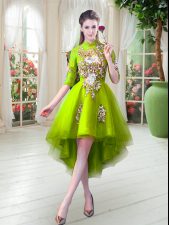  High-neck Half Sleeves Prom Dress High Low Appliques Yellow Green Tulle
