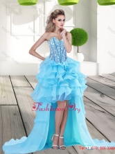 2015 Fall Modest Aqua Blue High Low Prom Dress with Beading and Ruffles QDDTA71004FOR