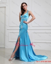 2016 Column Halter Top Brush Train Prom Dresses with High Slit DBEE433FOR
