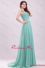 Aqua Blue Empire Straps Beading Green Chiffon Prom Dress with Brush Train FFPD0480FOR