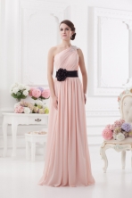 Baby Pink Empire One Shoulder Prom Dress with Ruching and Handle Made Flower FVPD279FOR