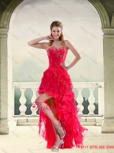 Coral Red Ball Gown Strapless Prom Dresses with Ruffles and Beading QDZY034-2TZBFOR
