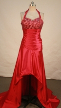 Discount empire halter top sweetheart-neck low-high beading red prom dresses FA-X-116
