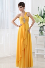 Empire Gold One Shoulder Beading and Ruching Chiffon Prom Dress FVPD019FOR
