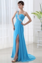 Empire High Slit Prom Dress with Ruchings and Beading One Shoulder Aqua Bue FVPD040FOR