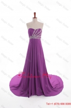 Fashionable Beaded Court Train Prom Dresses in Eggplant Purple DBEES210FOR