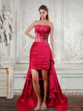 High Low Strapless Ruffled Coral Red Prom Dresses with Hand Made Flower QDZY466TZBFOR