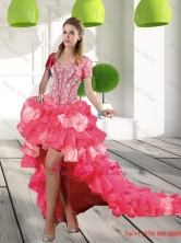 Most Popular Coral Red High-low Sweet 16 Dresses with Beading and Ruffled Layers QDDTA17002FOR