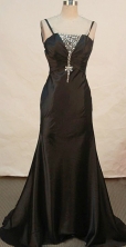 Perfect Column Straps Brush Prom Dresses Taffeta Black Appliques with Beading Style FA-Z-00154
