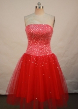 Pretty A-line Strapless Tea-length Prom Dresses Beading Style FA-Z-00159