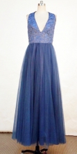 Simple Empire Halter Top neck Floor-length Navy Blue Prom Dresses Style FA-C-139