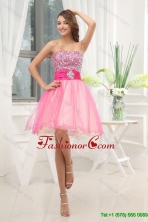 Summer A line Pink Strapless Beading Tulle Knee length Prom Dress FVPD002FOR