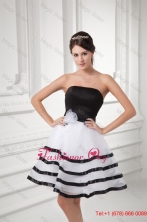 White and Black A line Strapless Mini length Organza Prom Dress with Ruffled Layers FFPD01026FOR