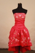 Beautiful A-line Strapless Knee-length Satin Red Embroidery Short Prom Dresses Style FA-C-230