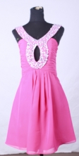 Cute short scoop mini length chiffon beading pink short prom dresses FA-X-109