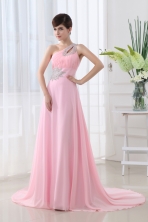Baby Pink One Shoulder Court Train Chiffon Prom Dress with Beading and Ruching FVPD024FOR