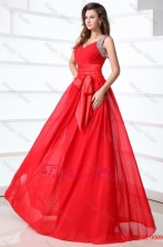 Elegant Column V neck Red Brush Train Chiffon Prom Dress with Beading FFPD0498FOR
