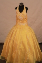 Exquisite Ball Gown Halter Top Floor-length Yellow Appliques Flower Gril dress Style FA-L- 460