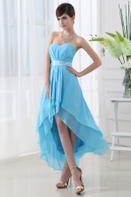 Fall A line Baby Blue Chiffon High low Sweatheart Dress Prom with Belt FVPD044FOR