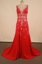 Fashionable A-line V-neck Floor-length Red Beading Prom Dresses Style FA-C-180
