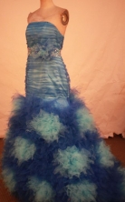 Fashionable Mermaid Strapless Floor-length Blue Beading Prom Dresses Style FA-C-238