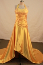 Fashionable empire halter top sweetheart-neck low-high beading orange prom dresses FA-X-111