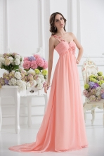 Peach Empire Brush Train Prom Dress with Ruching and Appliques FVPD235FOR
