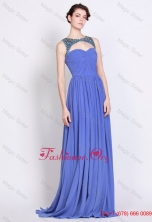 Pretty Bateau Zipper Up Blue Prom Dresses with Brush Train DBEE052FOR
