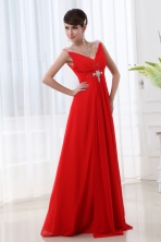 Red V neck Beading and Ruching Floor length Chiffon Prom Dress FVPD099FOR