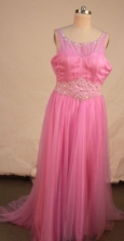 Romantic Empire Scoop neck Floor-length Rose Pink Beading Prom Dresses Style FA-C-204