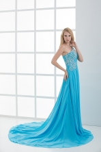 Sky Blue Beading and Ruching Empire One Shoulder Prom Dress with Court Train FVPD178FOR