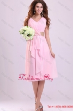 Summer Baby Pink Empire V neck Chiffon Prom Dress with Ruches FFPD0344FOR