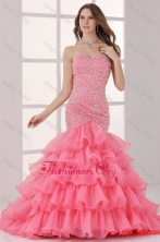 Watermelon Sweetheart Mermaid Beading and Ruffles Layered Prom Dress FFPD0741FOR