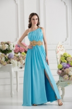Winter Aqua Blue Empire One Shoulder Floor length High Slit Prom Dress FVPD197FOR