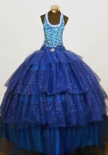  Brand New Ball Gown Halter Top Floor-length Blue Organza Beading Flower Girl dress Style FA-L-463