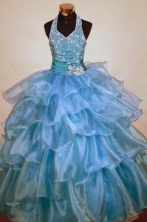  Exclusive Ball Gown Halter Top Floor-length Light Blue Organza Beading Flower Girl dress Style FA-L-462