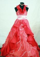  Fashionable Ball Gown Halter Top Floor-length Red Taffeta Beading Flower Girl dress Style FA-L-414