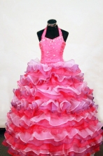  Luxurious Ball Gown Halter Top Neck Floor-Length Hot Pink Beading Flower Girl Dresses Style FA-S-416