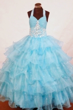  Perfect Ball Gown Halter Top Floor-length Aqua Blue Organza Appliques Flower Girl dress Style FA-L-445