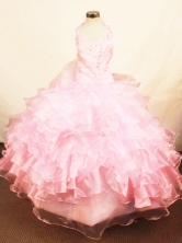  Perfect Ball Gown Halter Top Floor-length Baby Pink Organza Beading Flower Girl dress Style FA-L-419