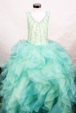  Perfect Ball Gown V-neck Floor-length Baby Blue Organza Beading Flower Girl dress Style FA-L-418