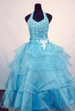  Wonderful Ball Gown Halter Top Floor-length Light Blue Orangza Beading Flower Girl dress Style FA-62901