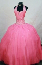 Affordable Ball Gown Halter Top Floor-length Waltermelon Beading Flower Girl dress Style FA-L-450