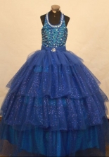 Brand New Ball Gown Halter Top Floor-length Blue Organza Beading Flower Gril dress Style FA-L-463