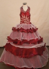 Exclusive Ball Gown Halter Top Floor-length Burgundy Taffeta Flower Gril dress Style FA-L-436